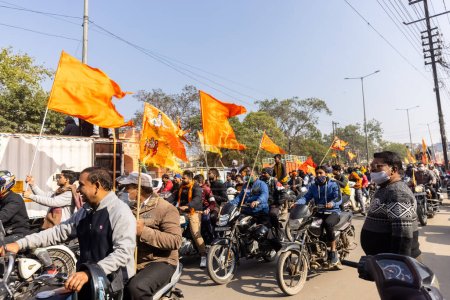 Photo for Ghaziabad, Uttar Pradesh, India  January 09 2021: People participating in rally in favor of lord ram temple in ayodhya. - Royalty Free Image