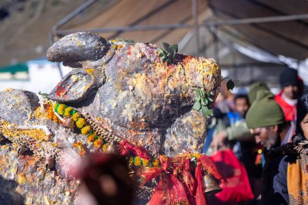 Photo for Kedarnath, Uttarakhand, India - October 15 2022: The statue of nandi bull outside the kedarnath temple. People worship nandi bell along with lord shiva. - Royalty Free Image