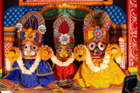 Photo for Wooden Hindu god jagannath idols made for worship. - Royalty Free Image