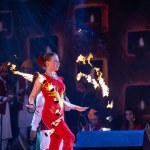 Pushkar, Rajasthan, India - November 06 2022: Portrait of foreign female artist performing fire dance during pushkar fair 