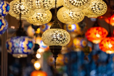 Photo for Turkey. Market With Many Traditional Colorful Handmade Turkish Lamps And Lanterns. Lanterns Hanging In Shop For Sale. Popular Souvenirs From Turkey. - Royalty Free Image