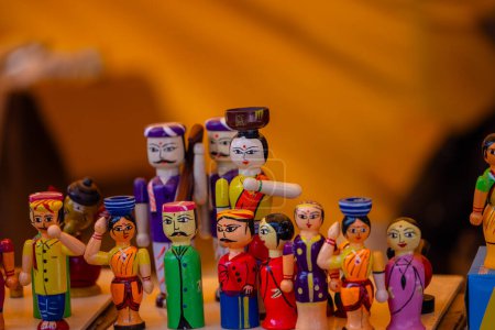 Photo for Handmade wooden toys, Wood made Toys for Kids in display at Surajkund Craft Fair. Selective focus. - Royalty Free Image