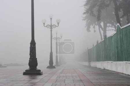 Photo for Lanterns on the street in the fog in autumn - Royalty Free Image