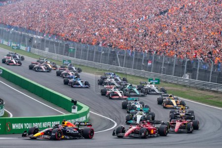 Photo for Zandvoort, Holland. 1-4 September 2022. F1 World Championship, Dutch Grand Prix. Race day. Race Start with Max Verstappen, Red Bull, leading the group of cars - Royalty Free Image