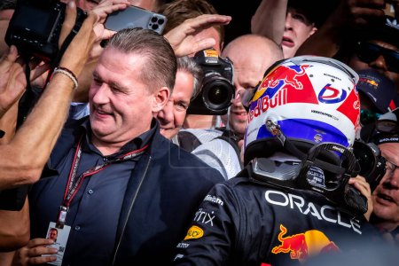 Photo for Zandvoort, Holland. 1-4 September 2022. F1 World Championship, Dutch Grand Prix. Race day. #1, Max VERSTAPPEN, NDL, Oracle Red Bull Racing RB18 Honda, race winner., celebrate with the father, Jos. - Royalty Free Image
