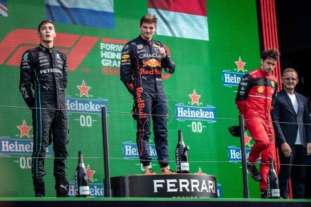 Photo for Zandvoort, Holland. 1-4 September 2022. F1 World Championship, Dutch Grand Prix. Race day. #1, Max VERSTAPPEN, NDL, Oracle Red Bull Racing, on the podium with Russell and Leclerc. - Royalty Free Image