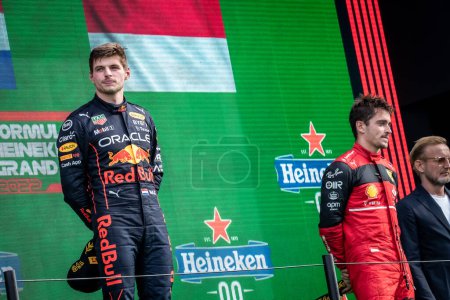 Photo for Zandvoort, Holland. 1-4 September 2022. F1 World Championship, Dutch Grand Prix. Race day. #1, Max VERSTAPPEN, NDL, Oracle Red Bull Racing RB18 Honda, race winner, on the podium with Charles Leclerc, Ferrari. - Royalty Free Image