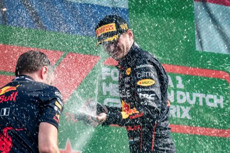 Photo for Zandvoort, Holland. 1-4 September 2022. F1 World Championship, Dutch Grand Prix. Race day. #1, Max VERSTAPPEN, NDL, Oracle Red Bull Racing RB18 Honda, race winner, celebrating on the podium. - Royalty Free Image