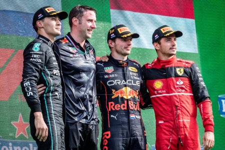Photo for Zandvoort, Holland. 1-4 September 2022. F1 World Championship, Dutch Grand Prix. Race day. #1, Max VERSTAPPEN, NDL, Oracle Red Bull Racing, on the podium with Russell and Leclerc. - Royalty Free Image