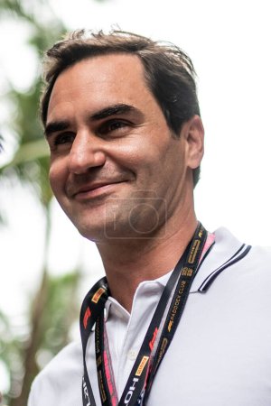 Photo for MIAMI, FLORIDA, USA. 04-07 MAY, 2023: F1 World Championship. F1 Grand Prix of Miami. Former Swiss tennis player and champion Roger Federer. - Royalty Free Image