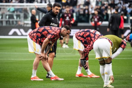 Photo for Turin, Italy. 27 April 2024. Italian Serie A Football Championship. Juventus FC vs AC Milan. Players of Juventus during warm-up-. - Royalty Free Image