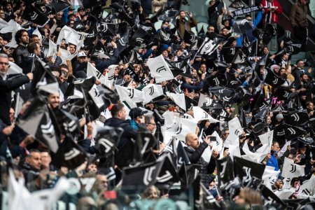 Photo for Turin, Italy. 27 April 2024. Italian Serie A Football Championship. Juventus FC vs AC Milan. Supporters Juventus. - Royalty Free Image