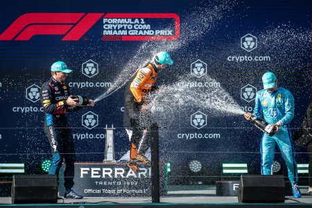 Photo for Miami, FL, USA. 02-05 May 2024. Formula 1 World Championship. Formula 1 Crypto.com Miami Grand Prix. Sunday. Lando Norris, Mclaren, winner of the race, on the podium with Verstappen and Leclerc. - Royalty Free Image