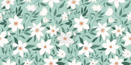 Illustration for Seamless pattern of beautiful white flowers on a light green background. Abstract floral pattern for fabric, textile, clothes. Vector illustration - Royalty Free Image