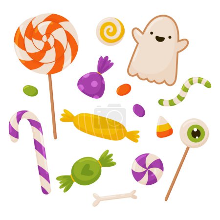 Téléchargez les illustrations : Un ensemble de bonbons et de bonbons pour Halloween. Illustration vectorielle en style dessin animé plat isolé sur fond blanc - en licence libre de droit