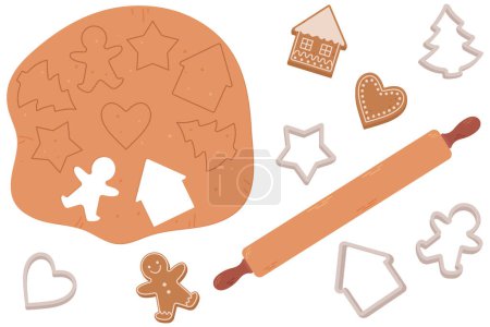 Illustration for Christmas cookies. The process of making homemade cookies. Gingerbread cutter molds, raw dough and rolling pin. Vector illustration in flat style on a white background. - Royalty Free Image