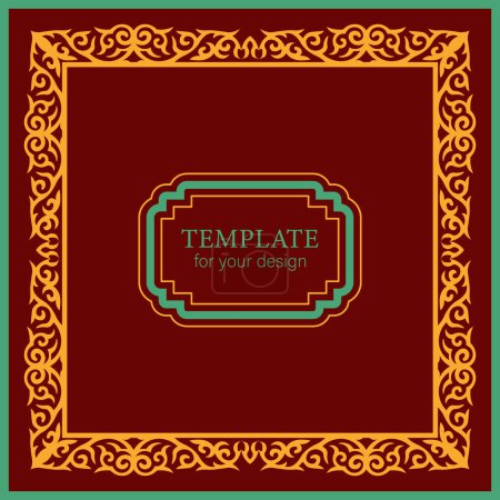 Illustration for Template for your design. Square frame. Ornamental elements and motifs of Kazakh, Kyrgyz, Uzbek, national Asian decor for packaging, boxes, banner and print design. Nomad style. Vector. - Royalty Free Image