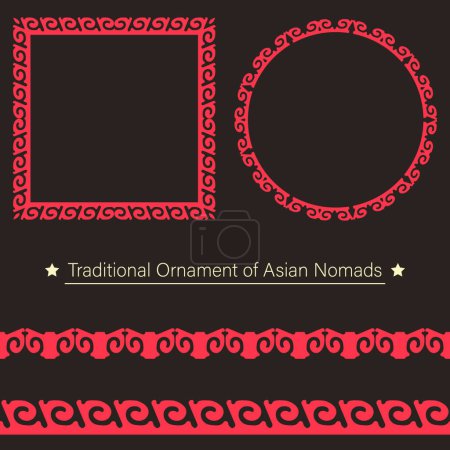 Set aus 2 nahtlosen Bordüren und 2 Rahmen mit traditionellem Ornament asiatischer Nomaden. Nationales asiatisches Dekor für Bordüren, Textilien, Platten, Fliesen und Druckdesign. 