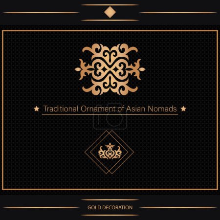 Illustration for Decorative asian ornamental elements with motifs of Kazakh, Kyrgyz, Asian decor for borders, textile, plate, tile, and print design. Workpiece for your design. Oriental gold Pattern. - Royalty Free Image