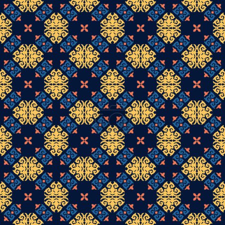 Illustration for Decorative Asian folk seamless pattern. Repeating background in nomad style. Colored fabric swatch with surface design, minimal print on wallpaper, fabrics, gift wrap, templates. Vector. - Royalty Free Image