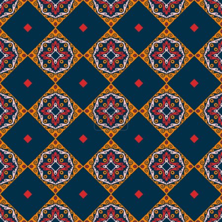 Illustration for Decorative Asian folk seamless pattern. Repeating background in nomad style. Colored fabric swatch with surface design, minimal print on wallpaper, fabrics, gift wrap, templates. Vector. - Royalty Free Image