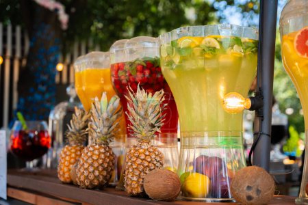 Eine Reihe farbenfroher, mit Früchten gefüllter Wasserspender, flankiert von Ananas und Kokosnüssen, die eine tropische Erfrischungsszene schaffen