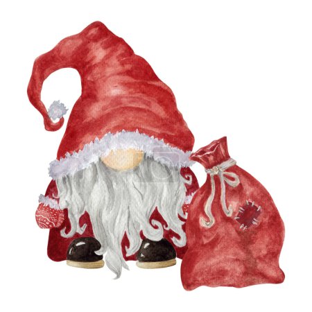 Père Noël en costume rouge traditionnel avec sac de cadeaux de Noël. Illustration aquarelle pour papier peint, bannière, textile, carte postale ou papier d'emballage. Père Noël dessiné à la main dans un style elfique scandinave