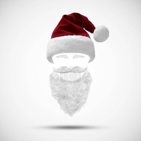 Nikolausmütze und Bart. Kostüm. Frohe Weihnachten Konzept Grußkarte