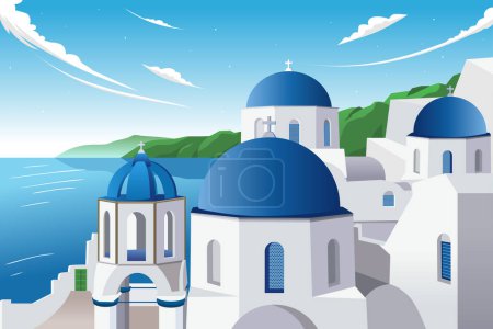 Ilustración de Santorini Greece Travel Vector Illustration. Tour and Travel Graphic design for banners and flyer template - Imagen libre de derechos