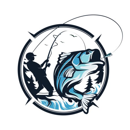 Téléchargez les illustrations : Modèle de logo de tournoi de pêche basse vecteur. Basse poisson saut Illustration Logo vecteur de conception - en licence libre de droit