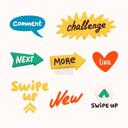 Social-Media-Sticker, Challenge, New, Swipe usw. Erstellen eines Blogs oder Vlog-Vektors flache Illustration. Set von Cartoon-Symbolen für Geschichten oder Internetinhalte.
