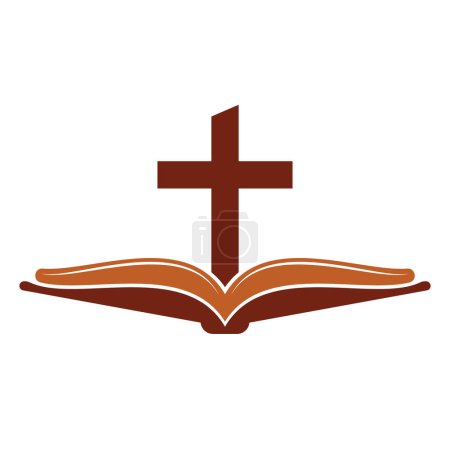 Téléchargez les illustrations : Livre église logo icône de conception. Vecteur de conception de logo Bible Church. Croix et logo de la Sainte Bible. - en licence libre de droit