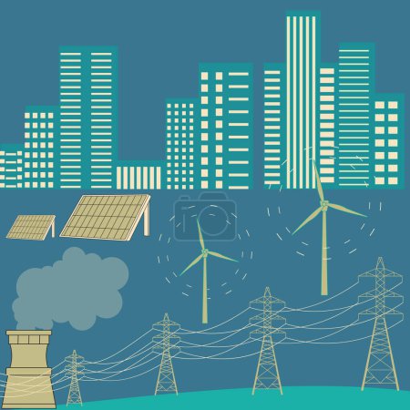 Ilustración de Estaciones de energía - alternativa, renovable tradicional: planta de paneles solares, turbinas de molinos de viento, reactores de energía nuclear - Imagen libre de derechos