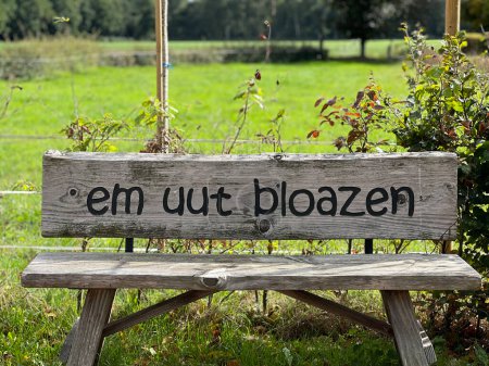 Foto de Banco con texto local que puede relajarse aquí en el bosque alrededor de Vilsteren en Overijssel los Países Bajos - Imagen libre de derechos
