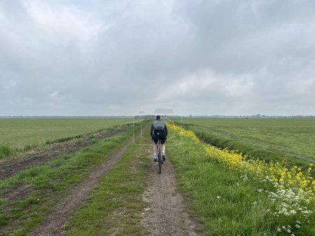 Vélo à travers les terres agricoles vers Sint Nicolaasga, Frise, Pays-Bas