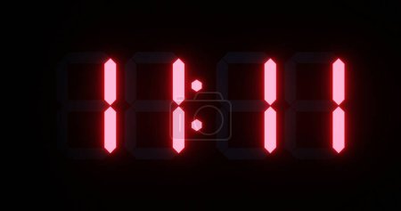 Téléchargez les photos : Fermer les années 80 style rétro cadran d'horloge numérique affichant numéro magique 11 : 11 en chiffres rouges rougeoyants. 3d rendu - en image libre de droit