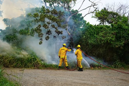 Foto de Kahuku, HI - 3 de enero de 2024: Bomberos del Departamento de Bomberos de Honolulu HFD responden a incendios forestales en Oahu. Supuestamente, el incendio fue intencionalmente provocado según testigos locales. - Imagen libre de derechos