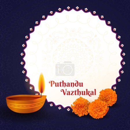 Illustration for Tamil New Year Puthandu Vazthukal Poster background design with lamp and marigold flowers. Realistic Hindu festival vector illustration. Text message Space. Social media post, website, card invite art - Royalty Free Image