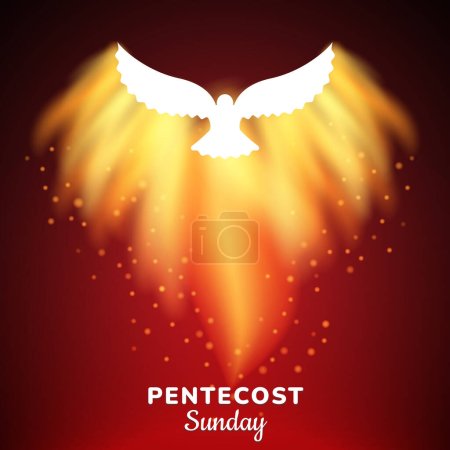 Pentecost Sunday Christian holiday Abstract Poster. Whit Sunday, Whitsunday or Whitsun Vector Illustration. Holy spirit or Holy Ghost. White dove flame graphic. Social media post, Prayer card, website