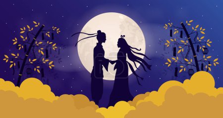 Téléchargez les illustrations : Festival Tanabata Illustration vectorielle. Qixi, Star Festival ou Saint-Valentin chinois. 7 juillet Hoshimatsuri. Rencontre des divinités Orihime et Hikoboshi. Tanzaku sur l'arbre à souhaiter. Ciel nocturne, lune et nuages - en licence libre de droit