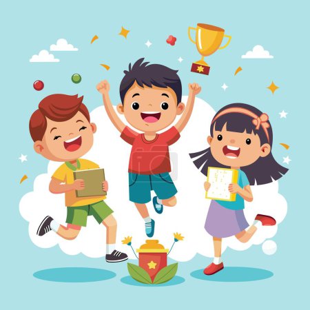 Téléchargez les photos : Enfant saut heureux gagnant défi vectoriel illustration - en image libre de droit