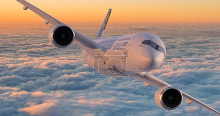 Téléchargez les photos : Airbus 'A350 réduit ses coûts d'exploitation, sa consommation de carburant et ses émissions de CO2 par rapport aux avions de génération précédente - en image libre de droit