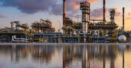 Photo for Modern oil refinery and its reflection in water - Royalty Free Image