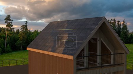 Foto de Paneles fotovoltaicos en el techo de una casa moderna en las montañas - Imagen libre de derechos