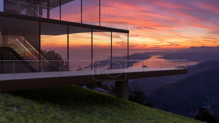 Moderne Aussichtsterrassen mit schönem Panorama.3D-Visualisierung des Autors.