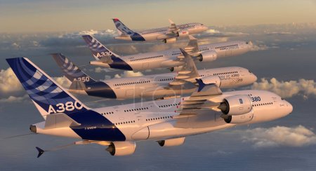 Téléchargez les photos : Vol en famille Airbus : les A380, A350, A330 et A320 effectuent un vol spectaculaire en formation - en image libre de droit
