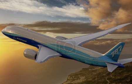 Foto de Boeing 787-8 Dreamliner durante un vuelo sobre el mar - Imagen libre de derechos