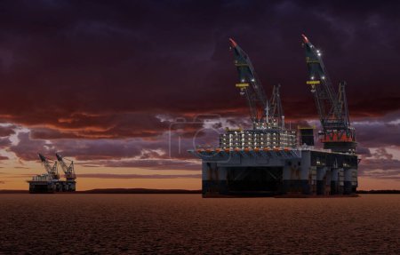 Foto de Plataforma petrolífera en alta mar en el océano durante la puesta del sol - Imagen libre de derechos