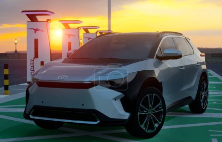 Téléchargez les photos : Toyota bZ4X - la première voiture électrique de la marque à la borne de recharge Ionity - en image libre de droit