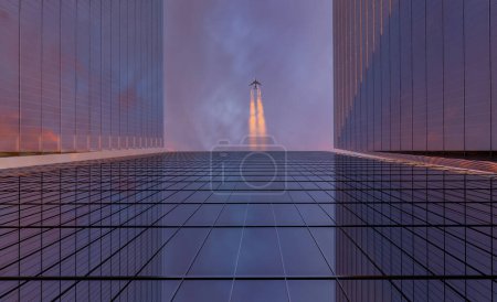 Photo for Low angle view of skyscrapers. Looking up perspective. Bottom view of modern skyscrapers in business district. Business concept of success industry - Royalty Free Image